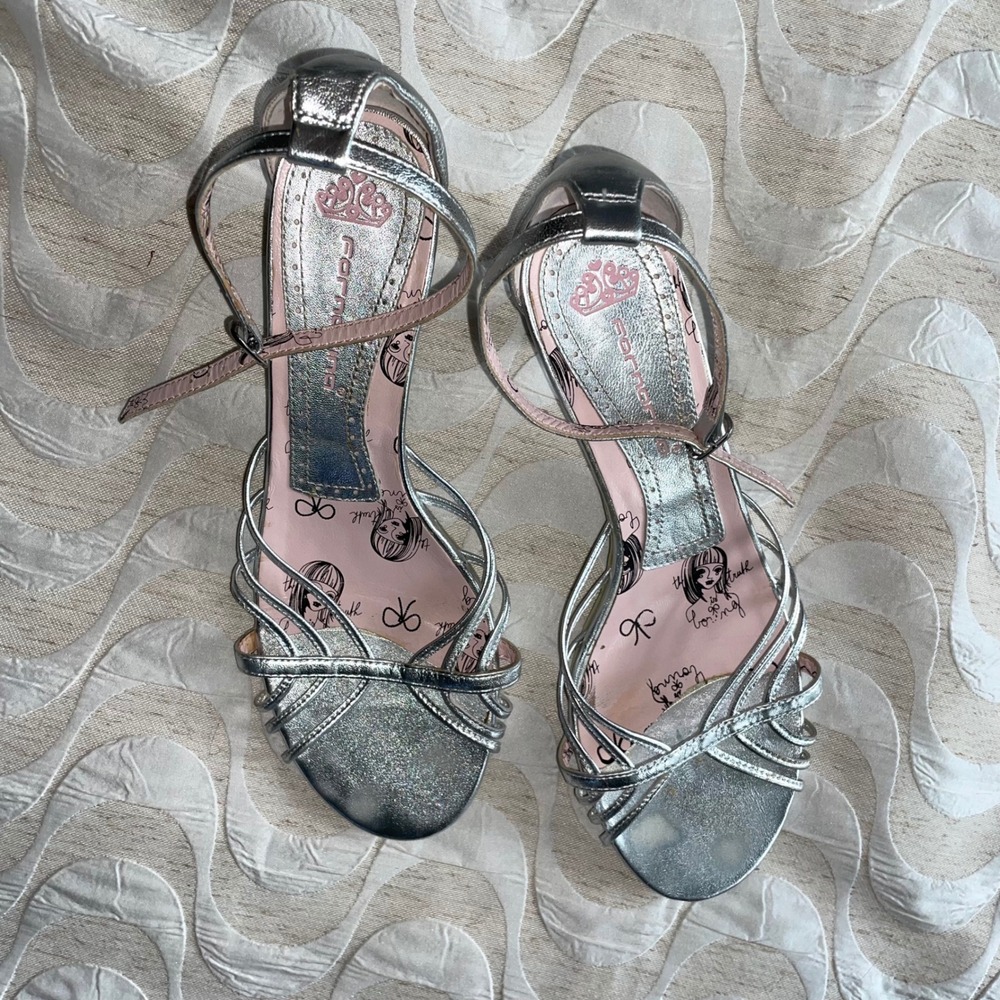 Fornarina Silver Metallic Y2K Kitten Heel Strappy Sandals Pink Graphic Insole 41